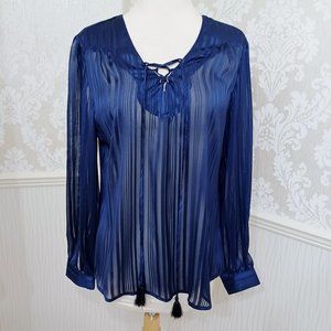 Faded Glory Navy Blue Sheer Long Sleeve Blouse Top Boho Chic Tassel Tie Small